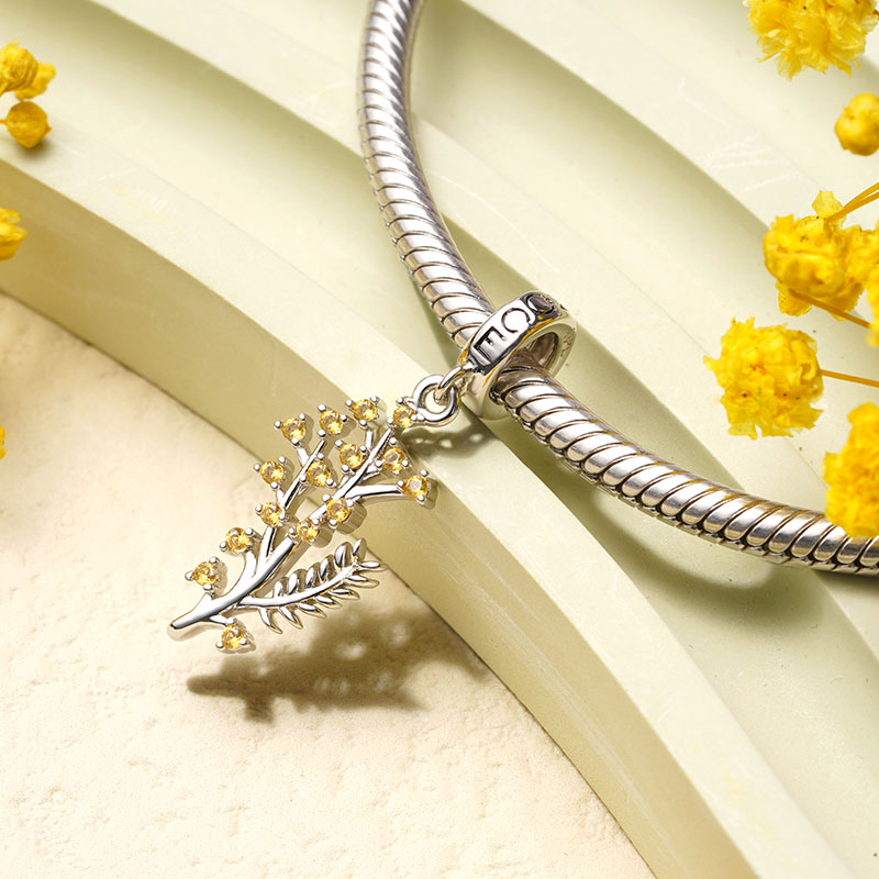 Gnoce Silver Wattle Flower Pendant Dangle Charm_3