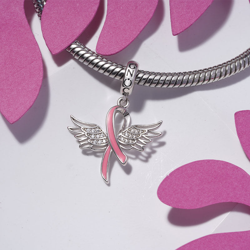 Gnoce Breast Cancer Awareness Pink Ribbon with Wings Pendant Dangle Charm_3