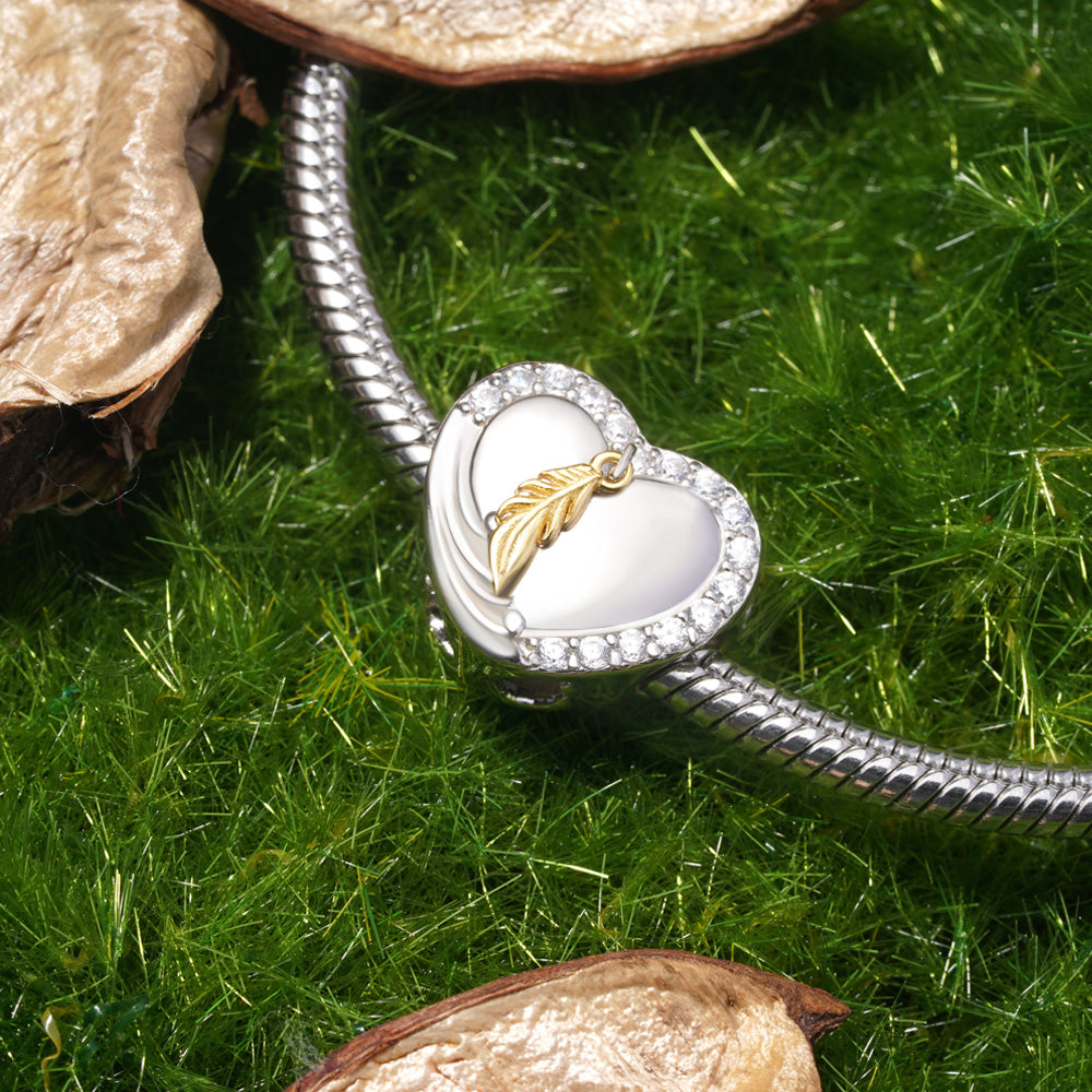 Gnoce "Feathers appear when Angels are near" Gold Feather Heart Charm_3