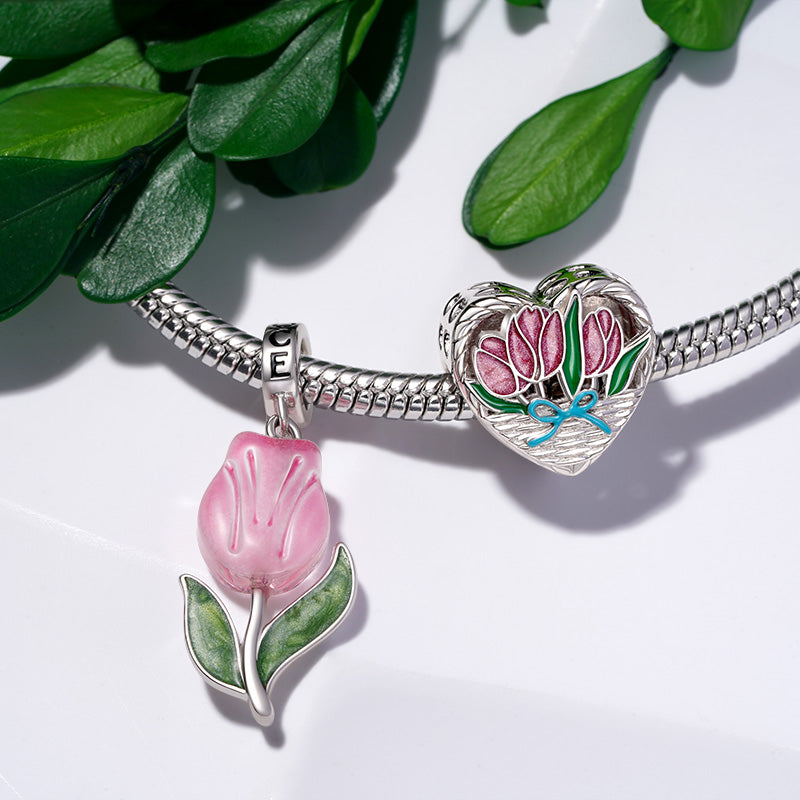 Gnoce Mother's Day Pink Tulip Love Heart Charm_3