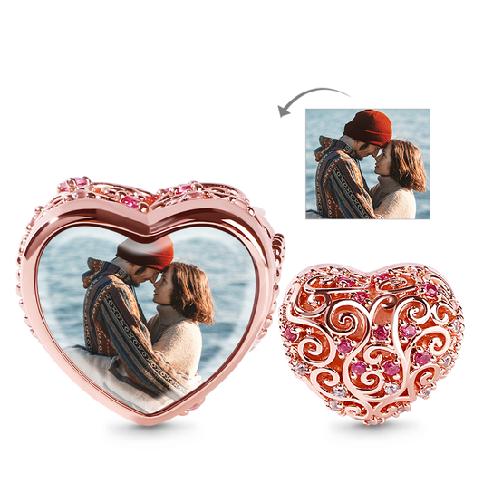 Gnoce "Soulmate" 18k Rosegold Plated Heart shaped Hollow Photo Beads Charm with Red Stone_1