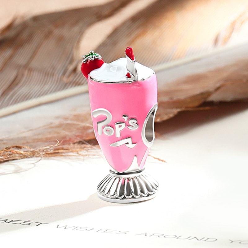 Strawberry Milkshake Charm Sterling Silver Red Enameled Bead fit Bracelet_2