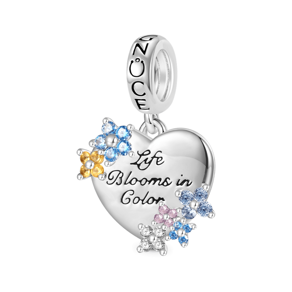 Gnoce Engravable "Life Blooms in Color" Heart Flowers Pendant Dangle Charm_1