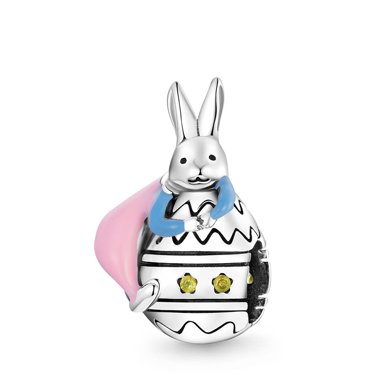 Cute Bunny Holding Easter Egg Charm Bead 925 Sterling Silver_1