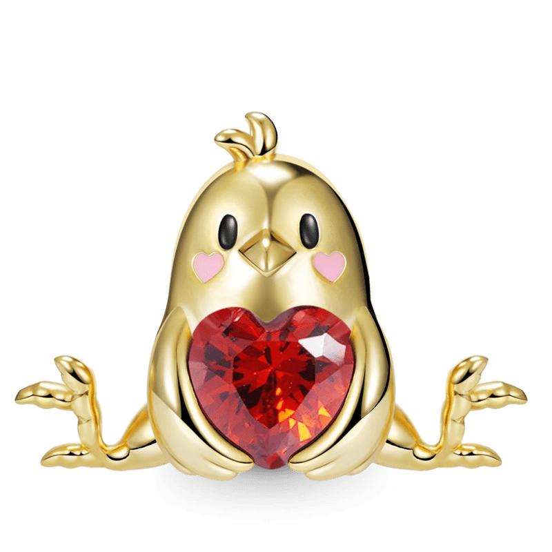 Little Yellow Chicken Embraces Heart Gemstone Charm Bead 925 Sterling Silver Gold Plated_1