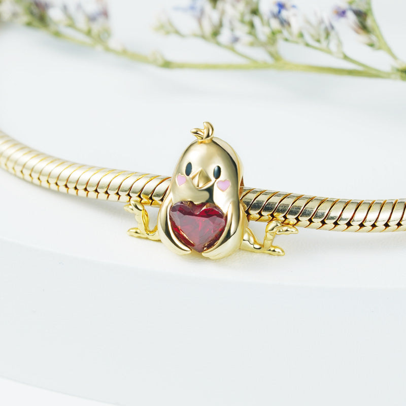 Little Yellow Chicken Embraces Heart Gemstone Charm Bead 925 Sterling Silver Gold Plated_2