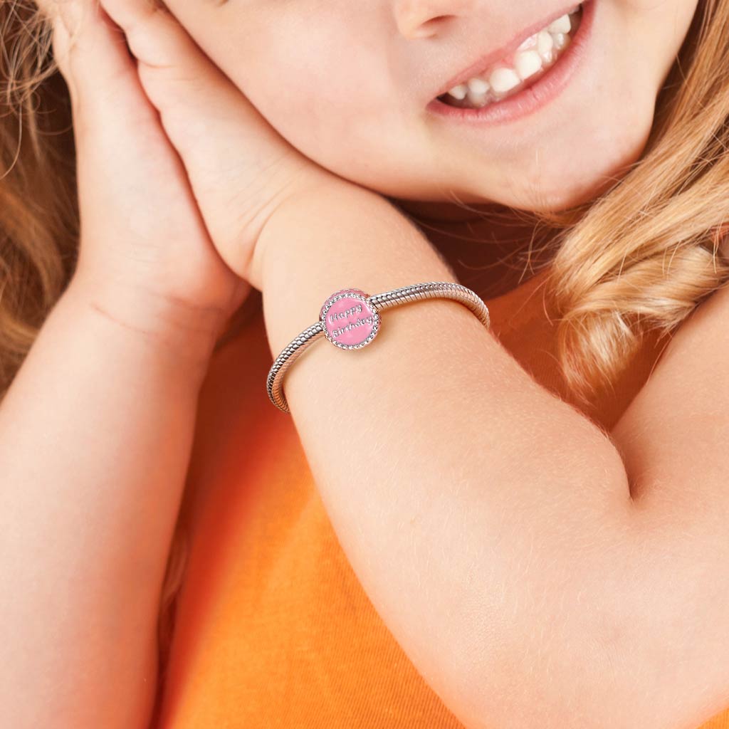 Gnoce "Happay Birthday"Pink Birthday Cake 925 Sterling Silver Charm Bead_4