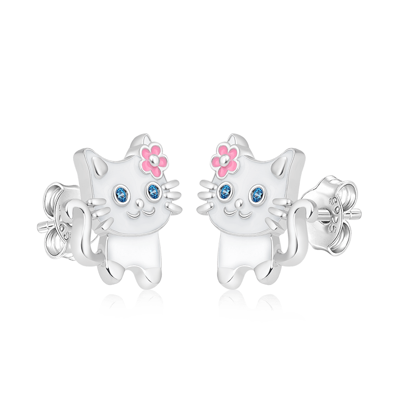 White Cat Wears Flower Stud Earring 925 Sterling Silver_1