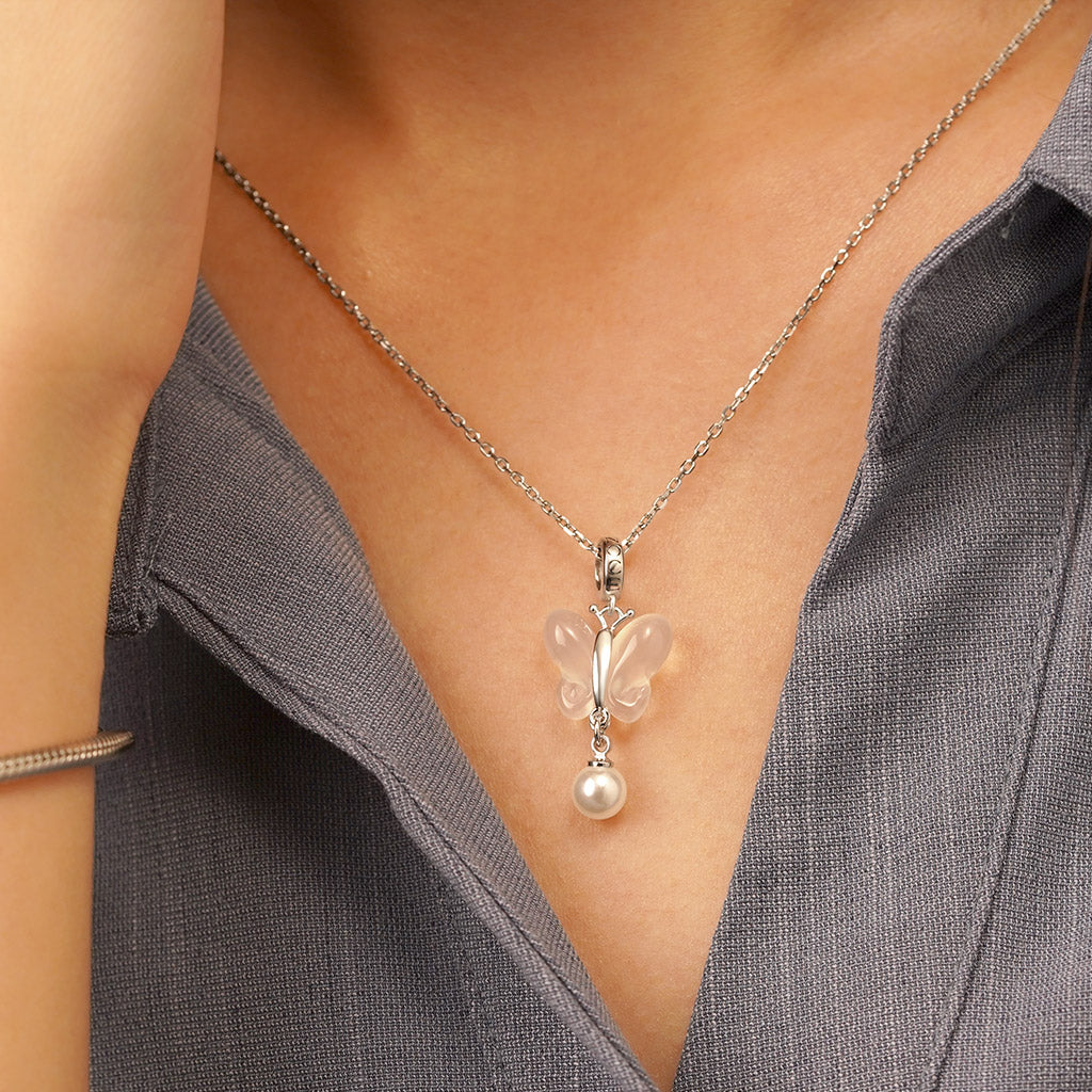 Gnoce Chalcedony Butterfly Pearl Pendant Dangle Charm_5