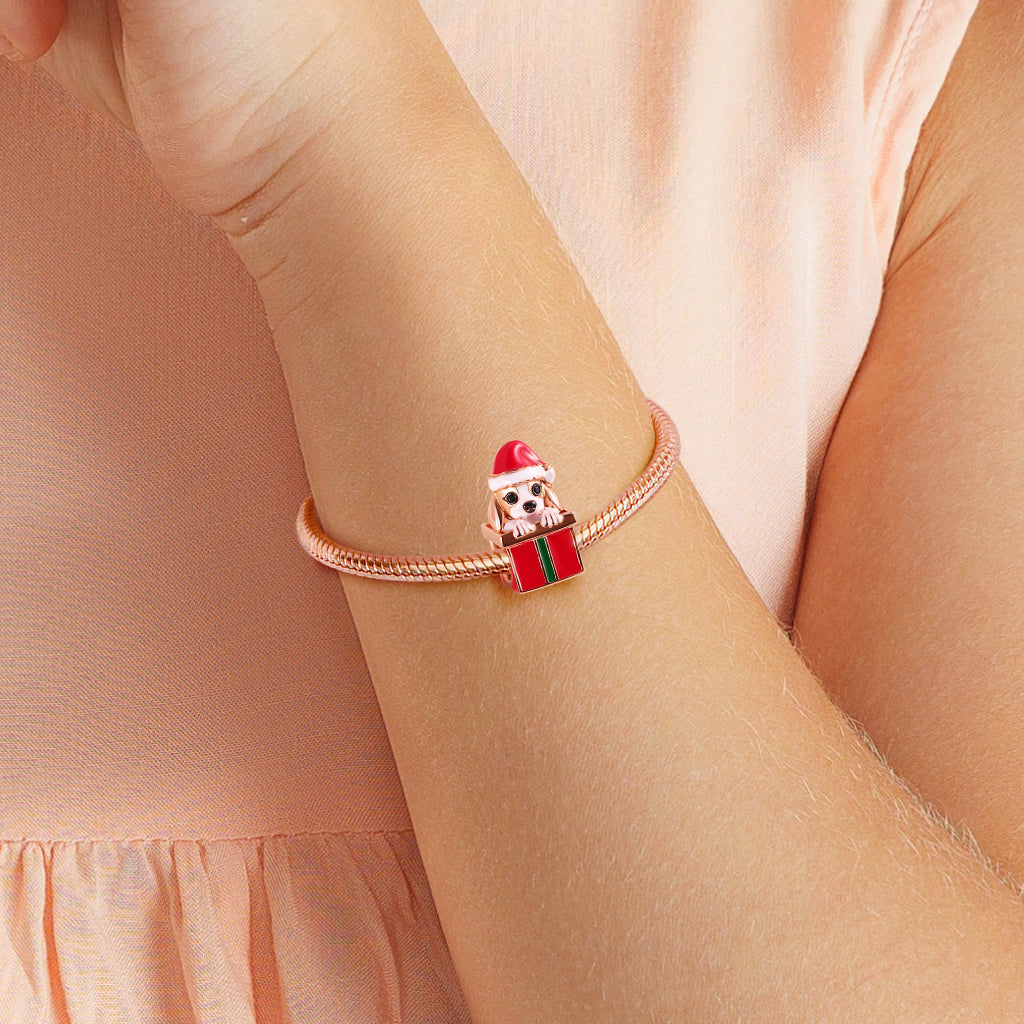 Dog with Gift Box Charm Bead Sterling Silver 18k Rose Gold Plated for Christmas_3