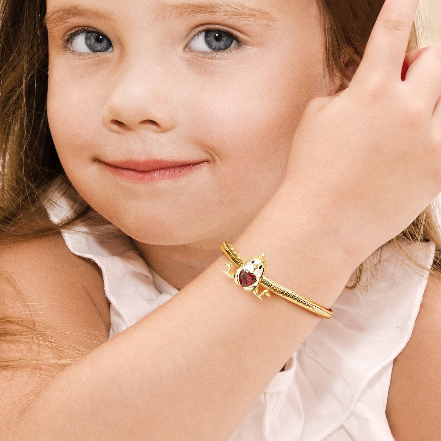 Little Yellow Chicken Embraces Heart Gemstone Charm Bead 925 Sterling Silver Gold Plated_3