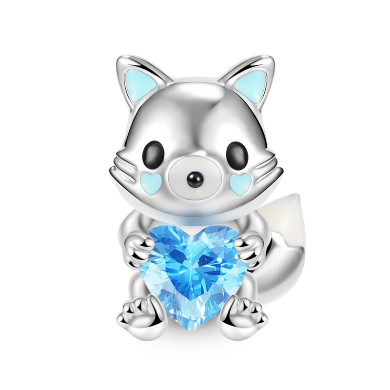 Arctic Fox Embraces Heart Gemstone Charm Bead 925 Sterling Silver_1