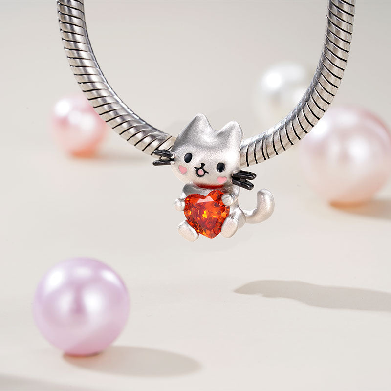 Lovely Cat Embrace Hearts Gem 925 Sterling Silver Charm Bead_3