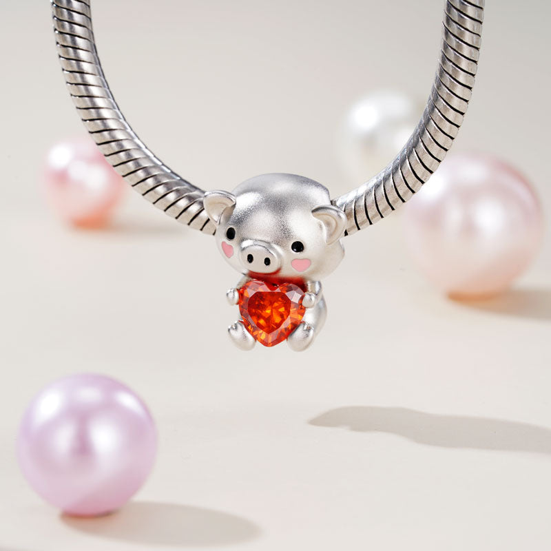 Cute Pig Embrace Hearts Gem 925 Sterling Silver Charm Bead_3