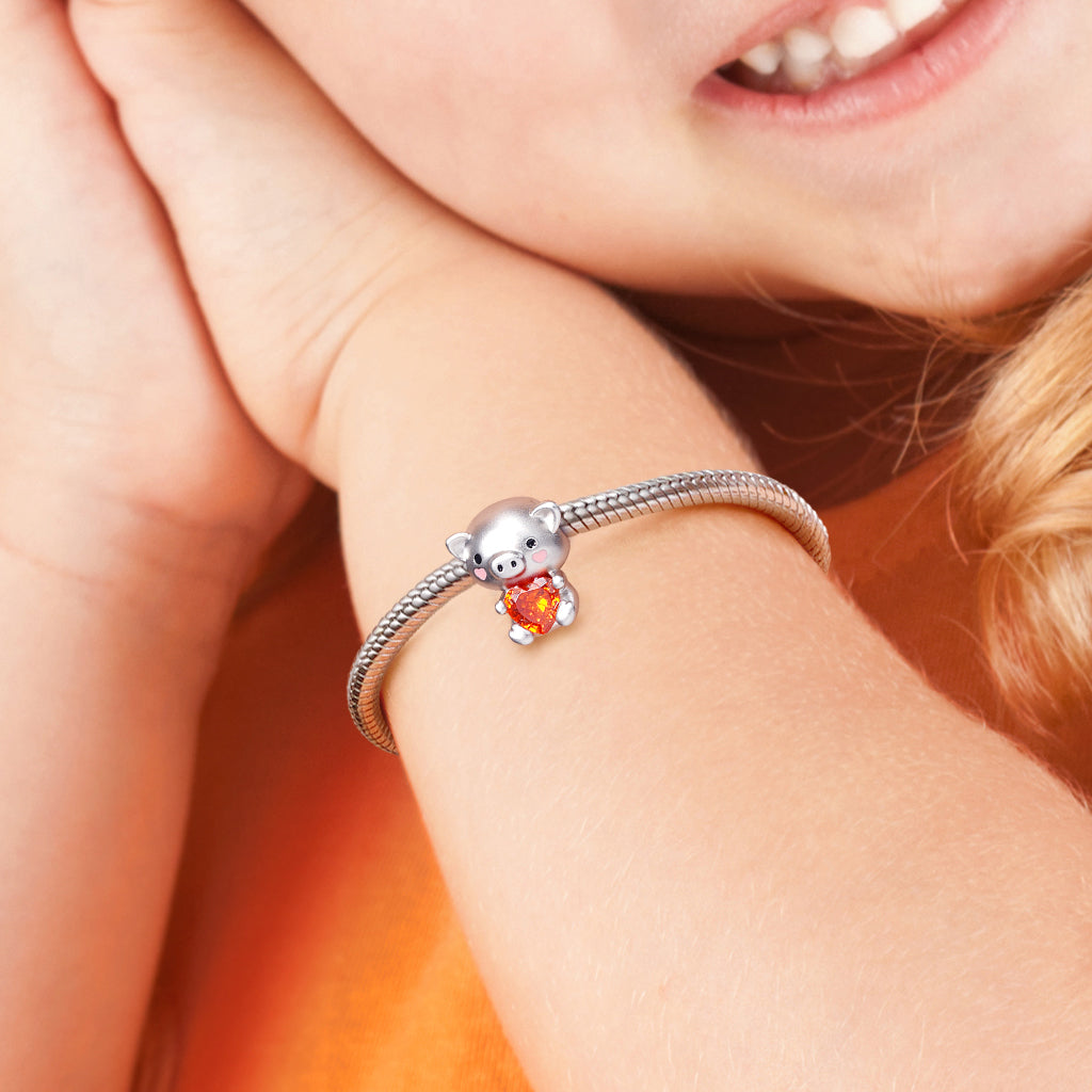 Cute Pig Embrace Hearts Gem 925 Sterling Silver Charm Bead_5
