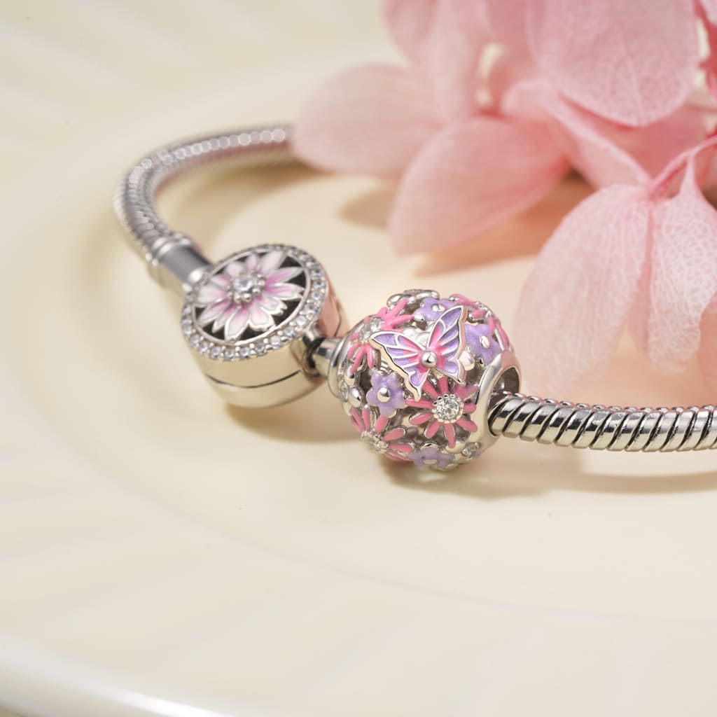 Gnoce Pink Butterfly Flower Round Charm_3
