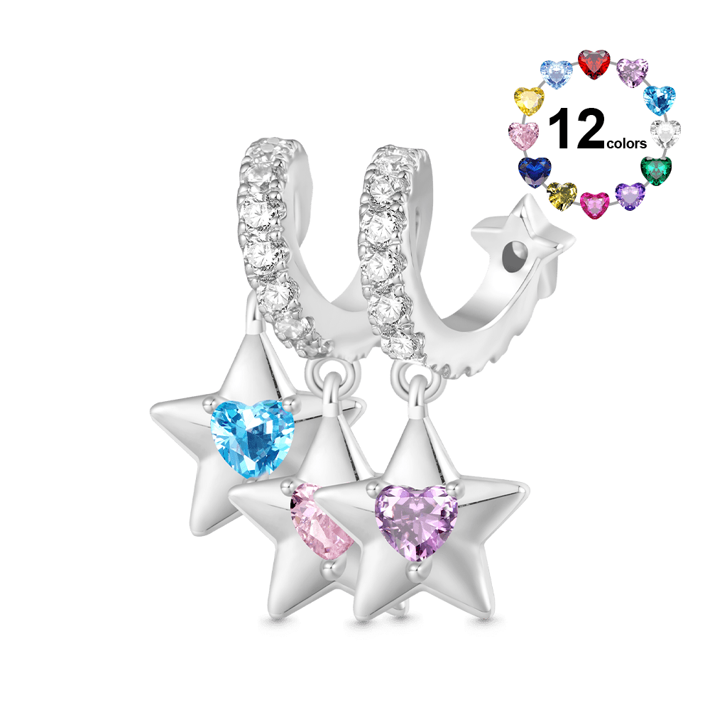 Gnoce Engravable Stars Three Birthstone Pendant Dangle Charm_1