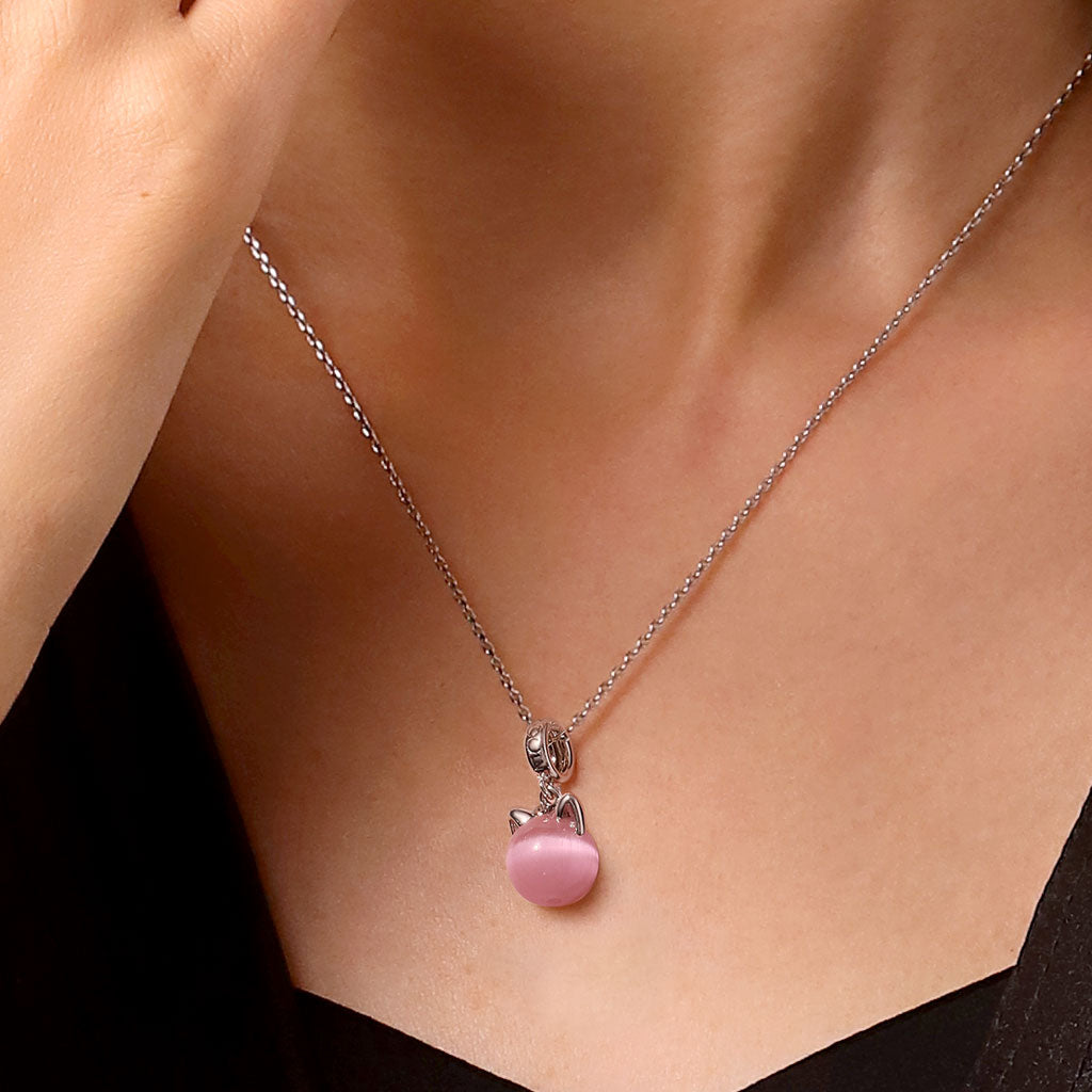 Gnoce Vintage Pink Glass Cat's Eye Round Pendant Dangle Charm_5