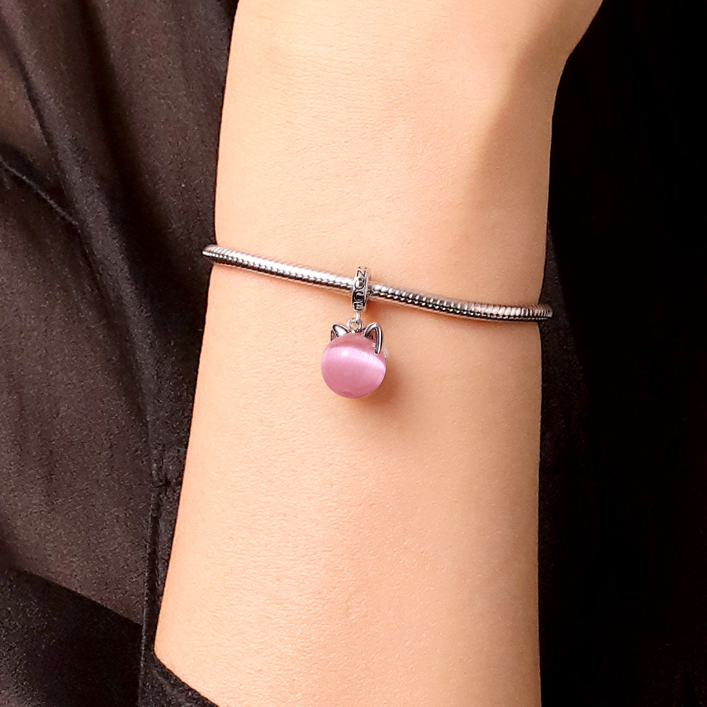 Gnoce Vintage Pink Glass Cat's Eye Round Pendant Dangle Charm_6