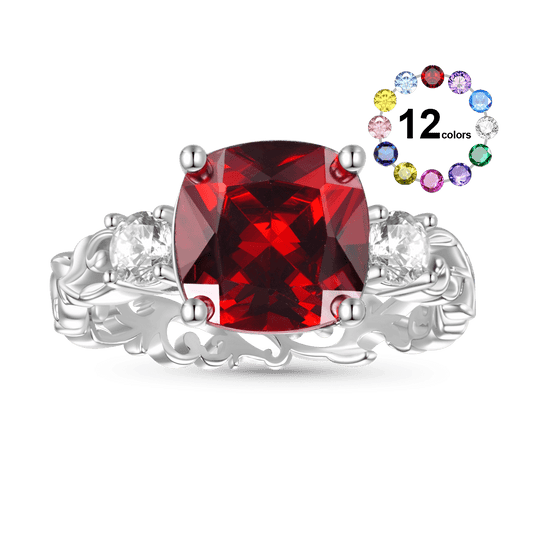 Gnoce Curly Grass Pattern Square-cut Red Birthstone Ring_1