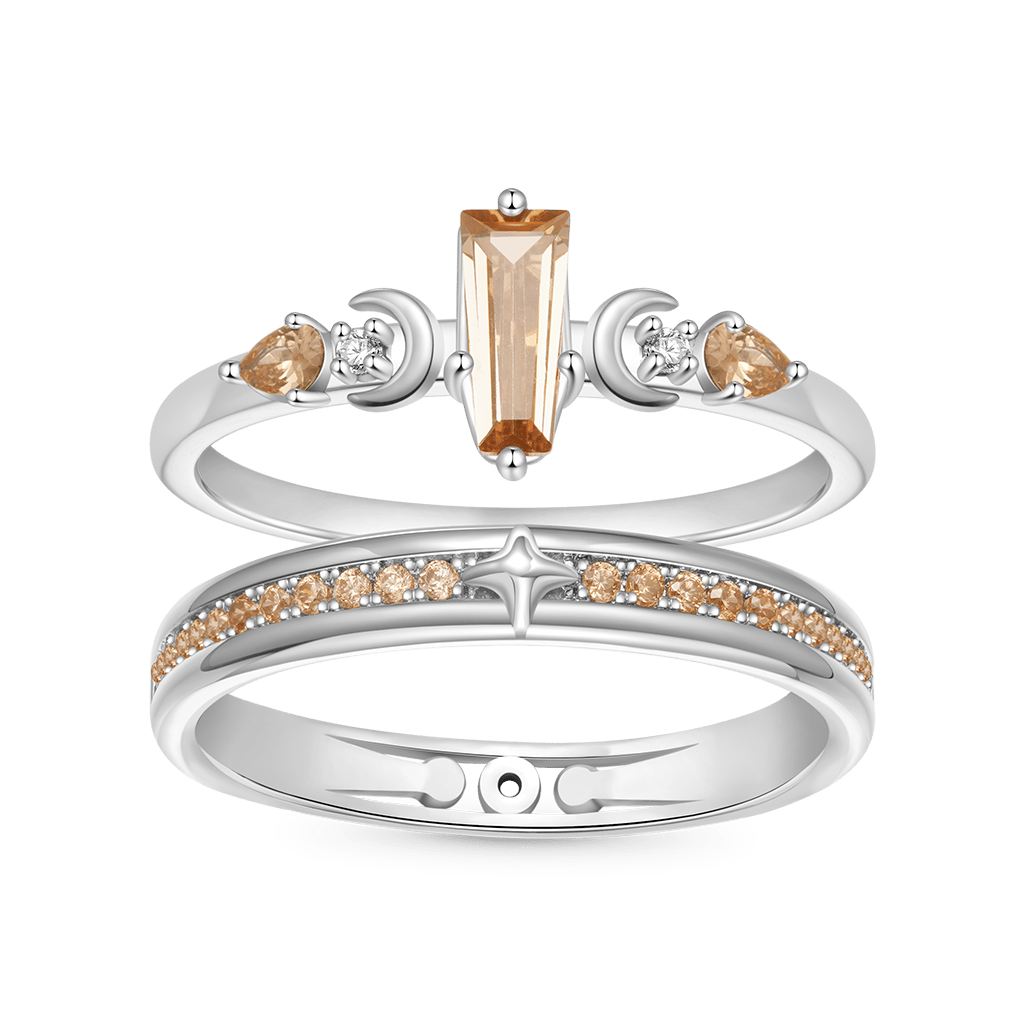 Gnoce Trapezoidal-cut Citrine with Channeled Pave Couple Rings_1