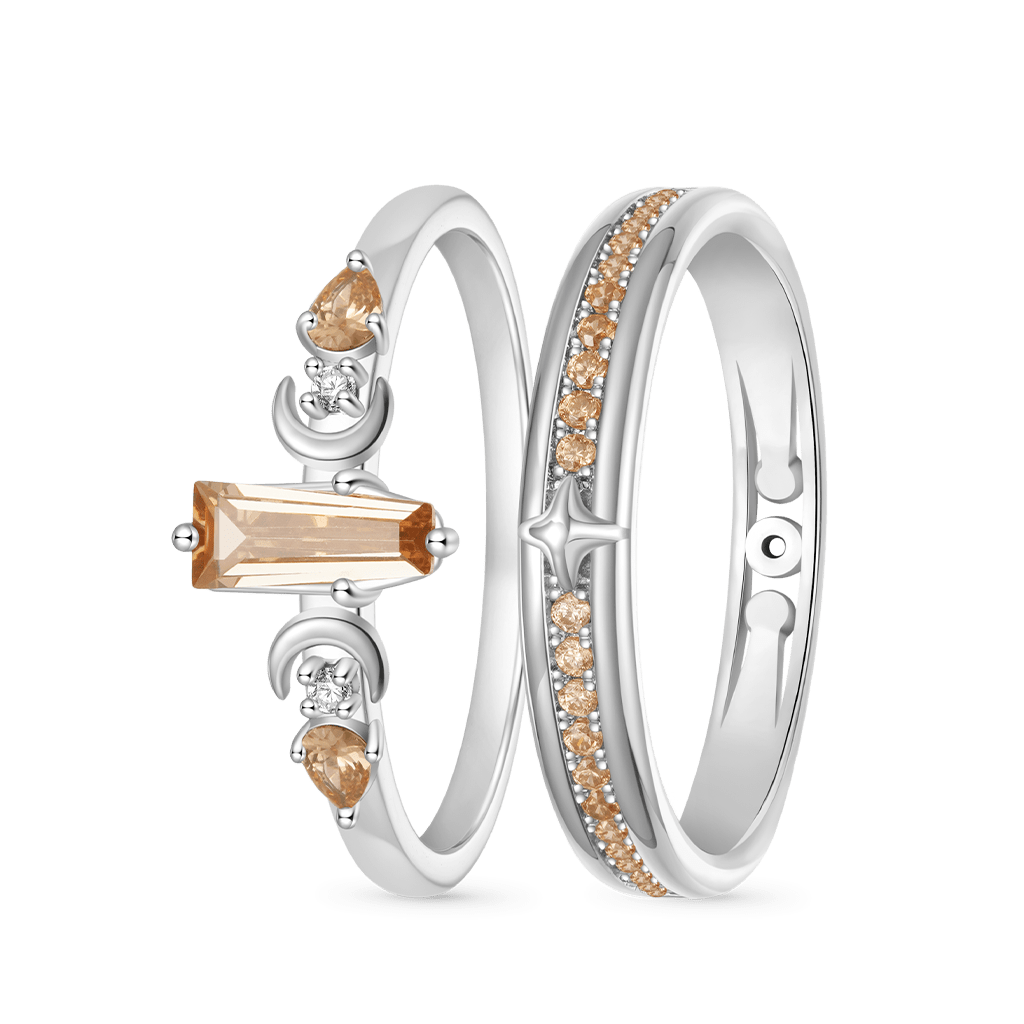 Gnoce Trapezoidal-cut Citrine with Channeled Pave Couple Rings_2