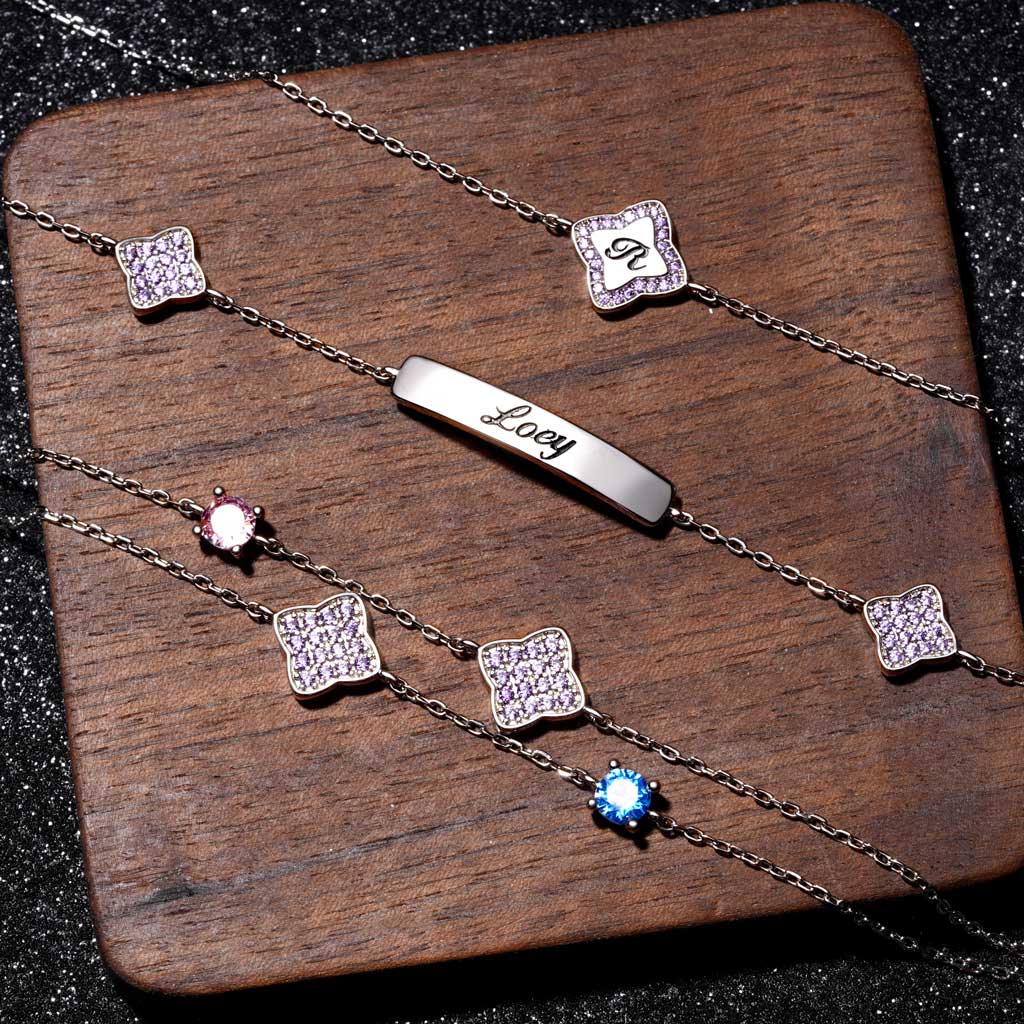 Gnoce Engravable Four-Leaf Clover Birthstone Adjustable Bracelet_4