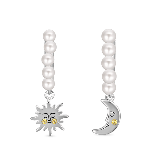 Gnoce Asymmetry Sun & Moon Face Pearl Hoop Earrings_1