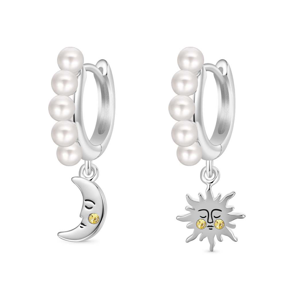 Gnoce Asymmetry Sun & Moon Face Pearl Hoop Earrings_2