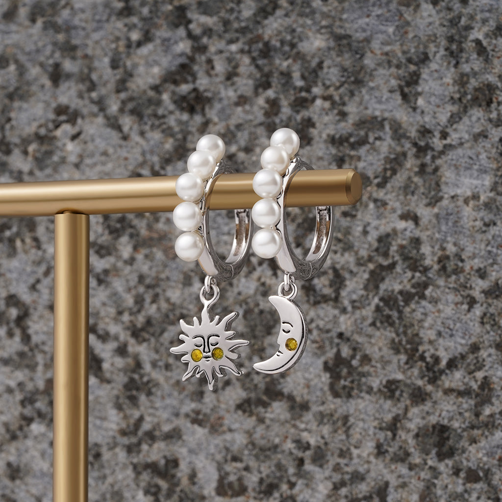 Gnoce Asymmetry Sun & Moon Face Pearl Hoop Earrings_3