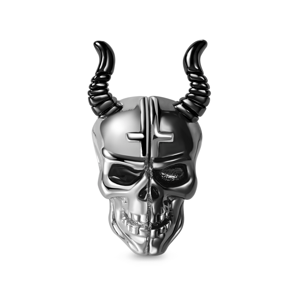 Silver & Black Two Tone Devil Skull with Horns Charm Bead 925 Sterling Silver_1