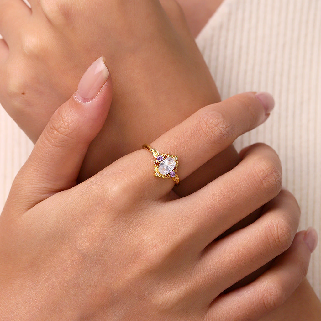 Gnoce Oval-Cut Gold Leaf Pattern Promise Ring_4