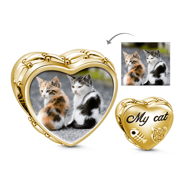Gnoce 'When Cat Fall in Love with Fish' 18K Gold Plated Heart Cute Cat Photo Charm_1