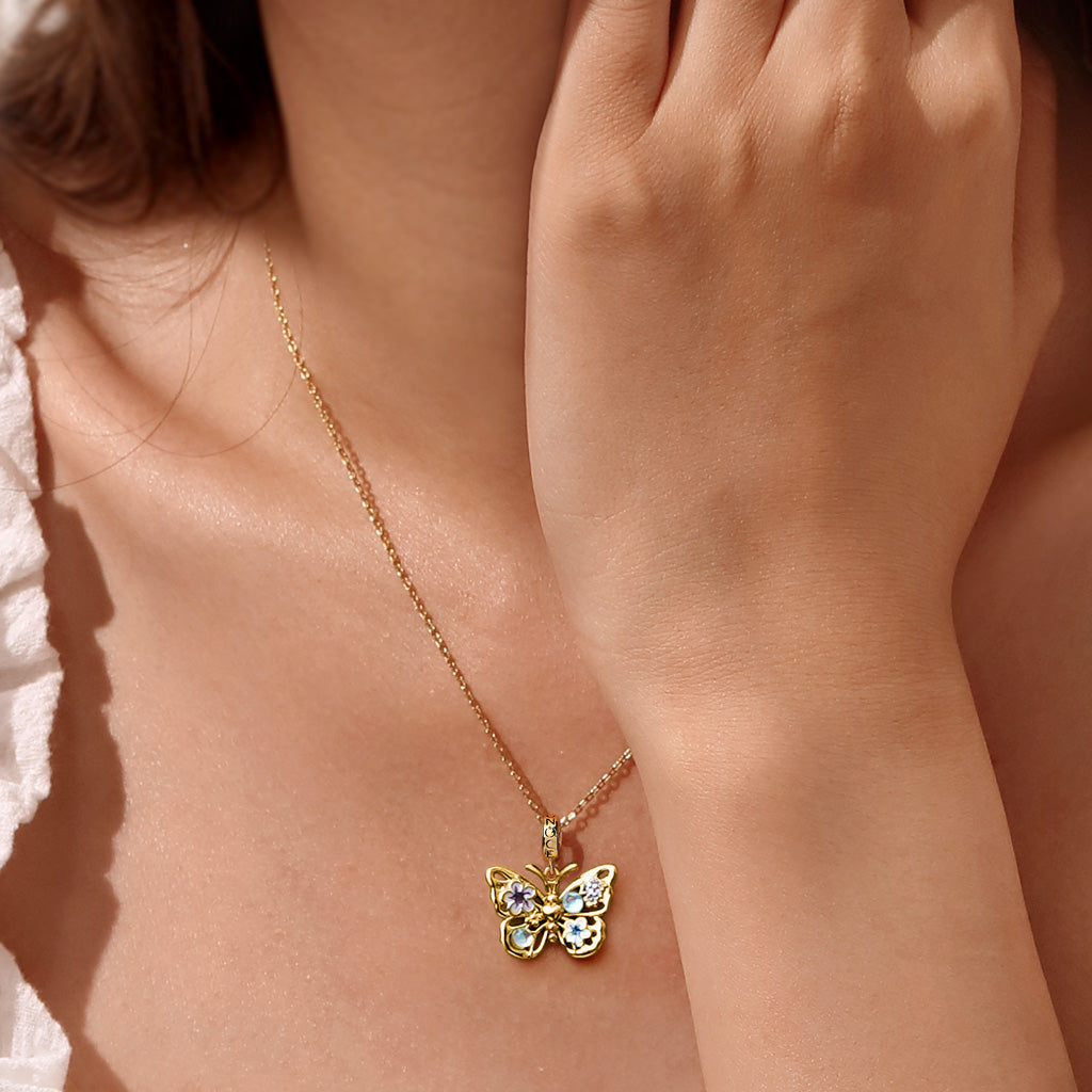 Gnoce 18K Gold Plated Sparkling Flying Butterfly Moonstone Pendant Dangle Charm_5