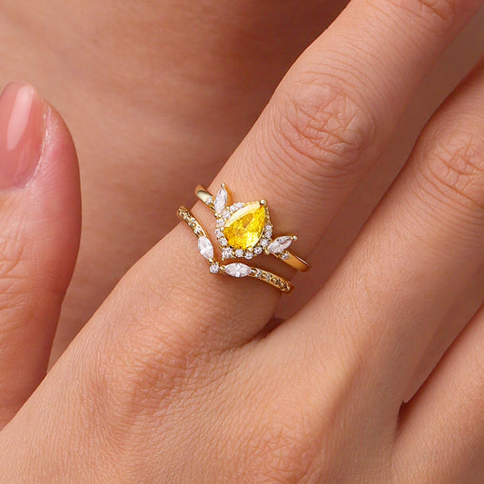 Gnoce Pear-Cut Yellow Diamond White Zirconia Stackable Ring_5