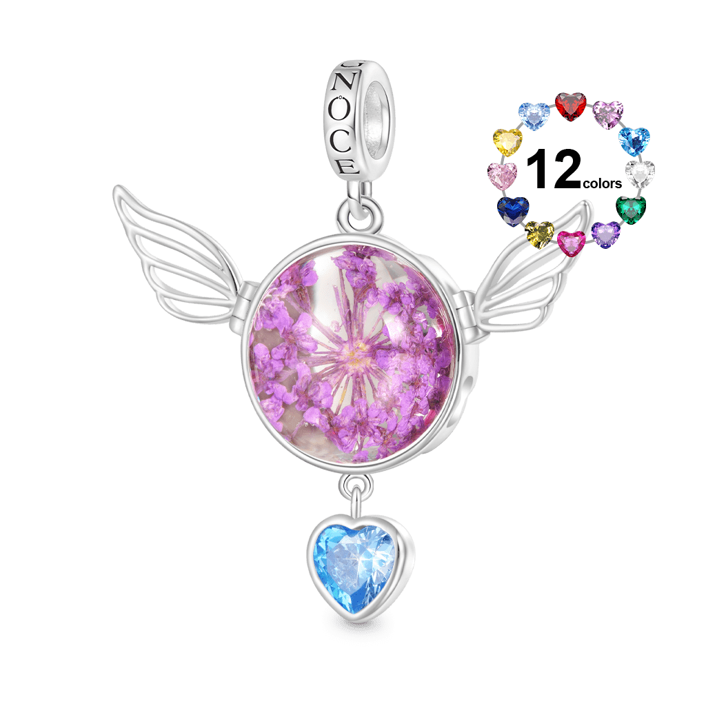 Gnoce Engravable Preserved Flower Wings Birthstone Pendant Dangle Charm_1