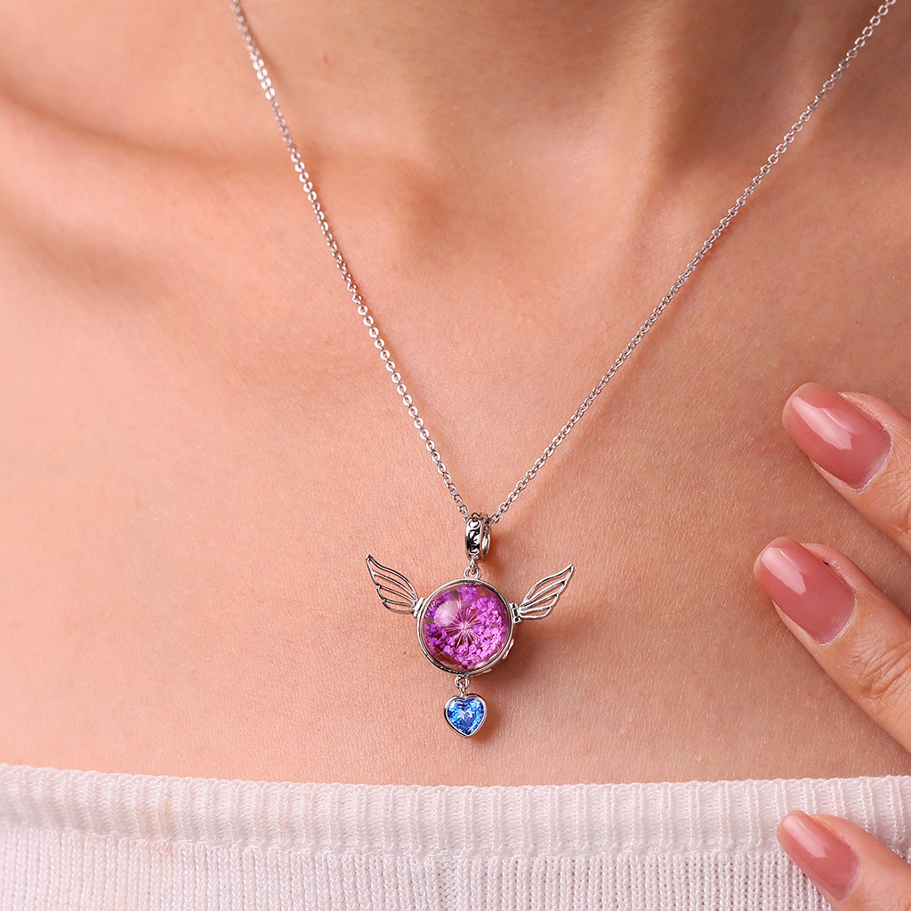 Gnoce Engravable Preserved Flower Wings Birthstone Pendant Dangle Charm_6