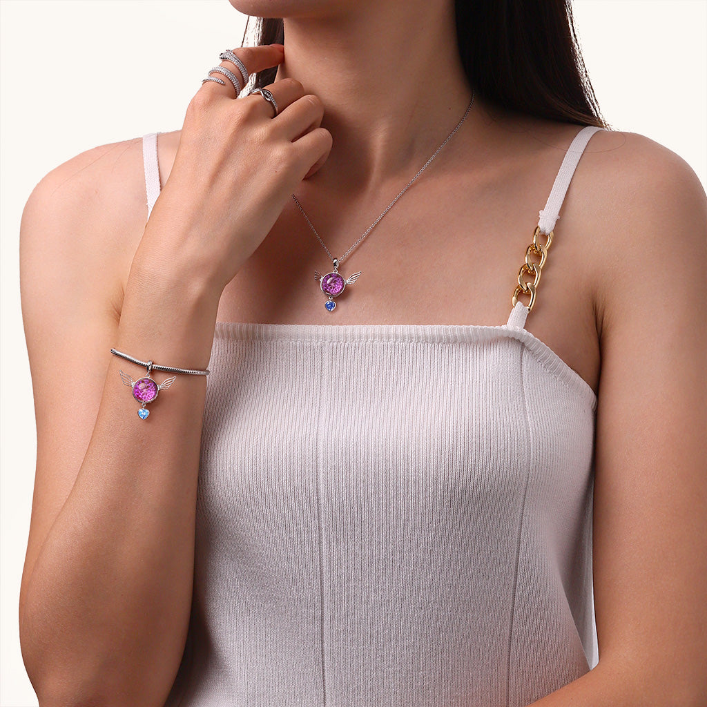 Gnoce Engravable Preserved Flower Wings Birthstone Pendant Dangle Charm_5