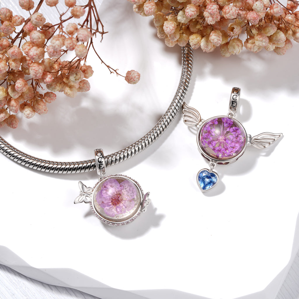 Gnoce Engravable Preserved Flower Wings Birthstone Pendant Dangle Charm_4