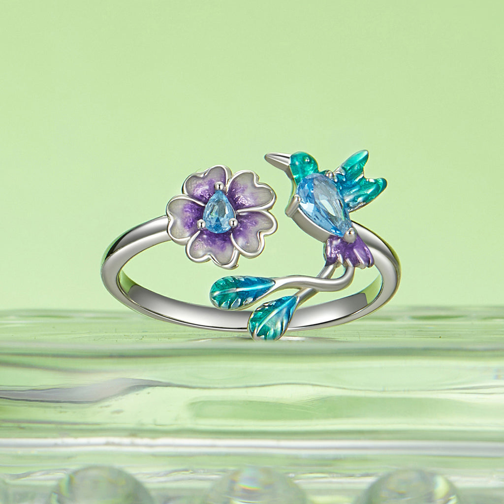 Gnoce Adjustable Spring Nature Flower and Bird Ring_2