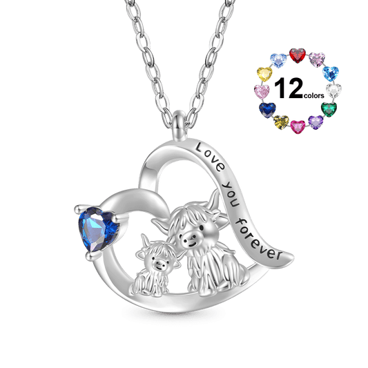 Gnoce Highland Cow Mother Child Heart Birthstone Necklace_1