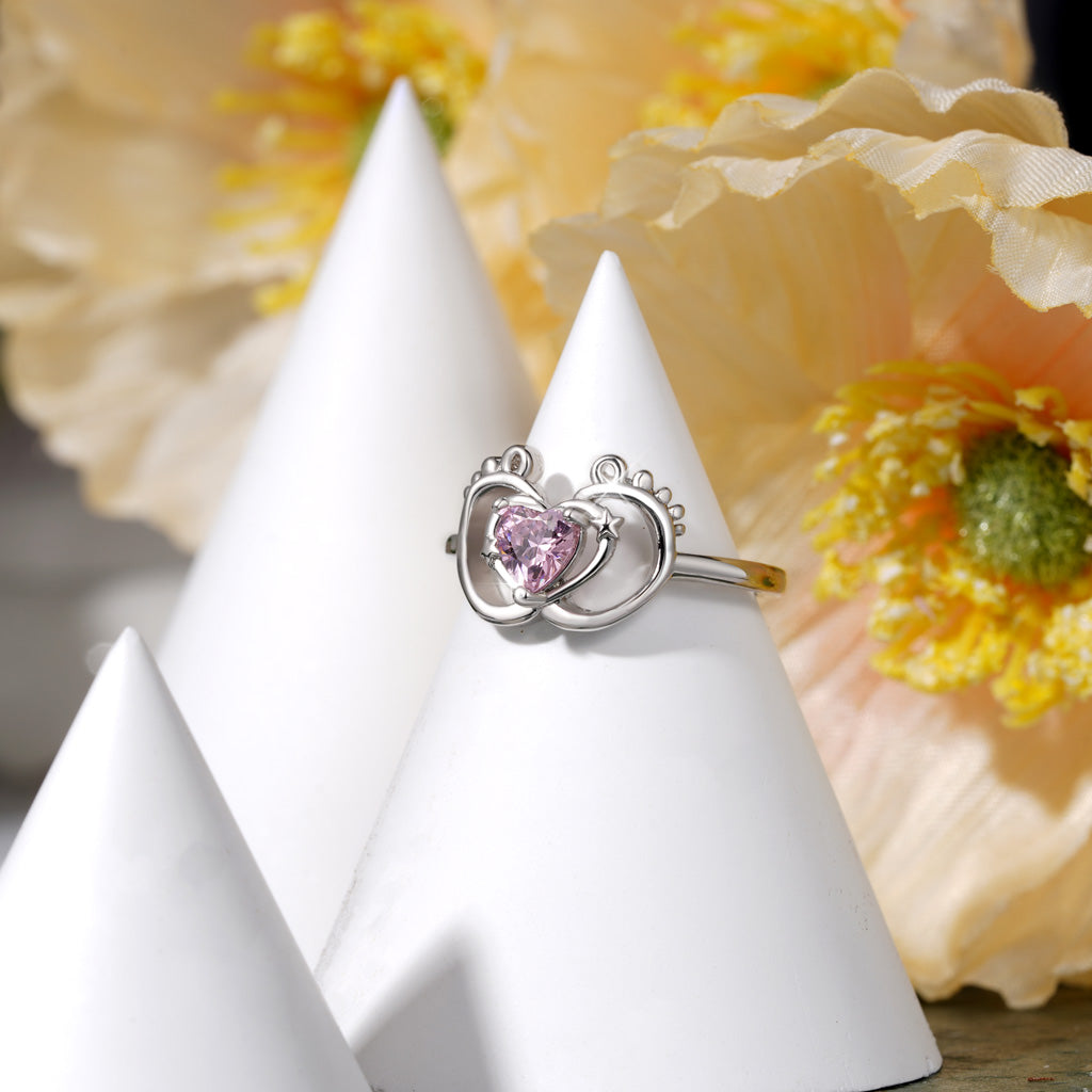 Gnoce Baby Footprint Heart Birthstone Ring_5