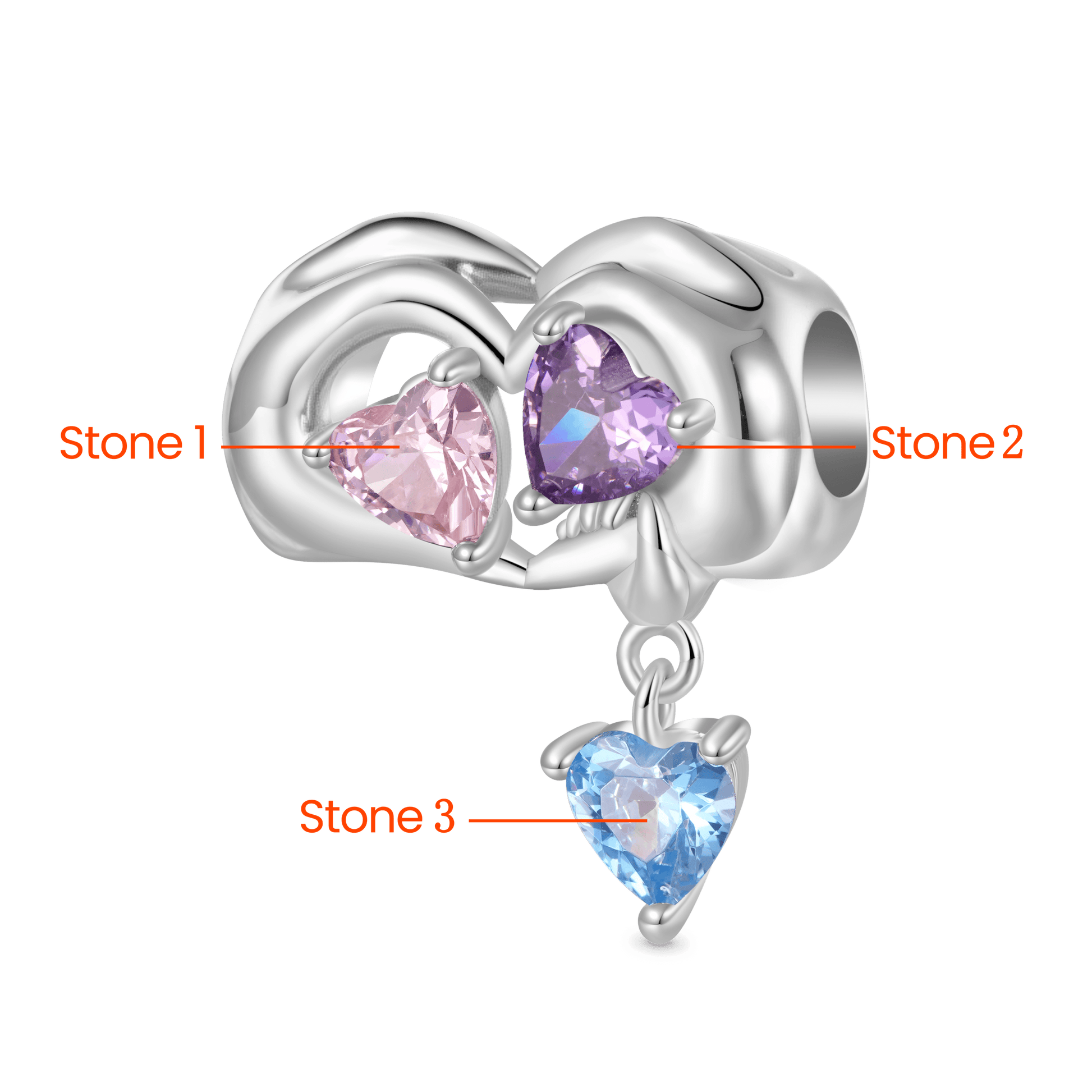 Gnoce Family of Three Holding Hands Birthstone Heart Charm_2