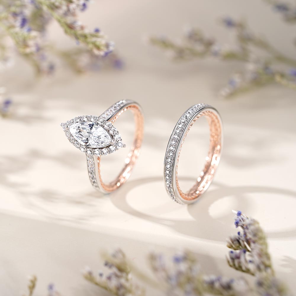 Marquise Stacked Channel Setting Engagement Ring Set with Twisted Rope Inside_4