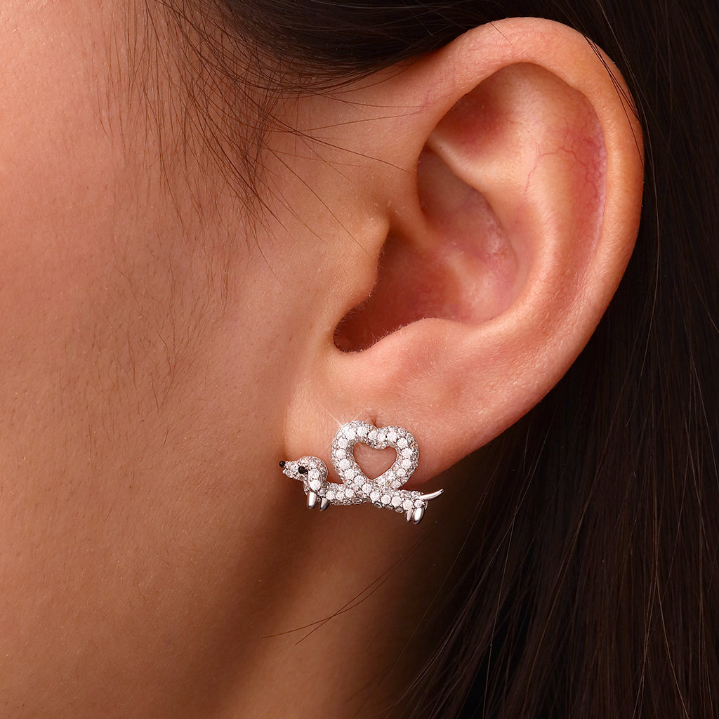 Gnoce Dachshund Heart Diamond Stud Earrings_5