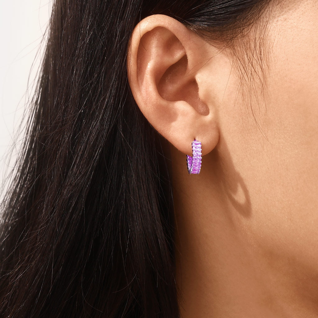 Gnoce Amethyst Baguette Cut Eternity Hoop Earrings_4