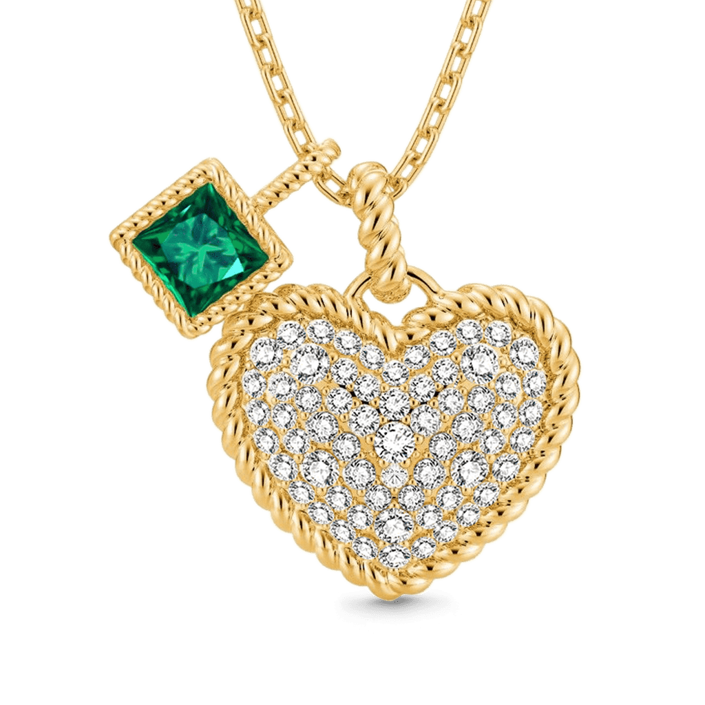Gnoce Paved Heart & Emerald Princess Gemstone Twisted Rope Pendants Necklace_1