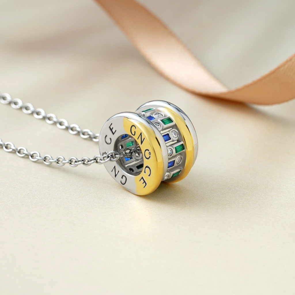 Gnoce Alternating Blue & Green Emerald Cut Drum Pendant Necklace_3