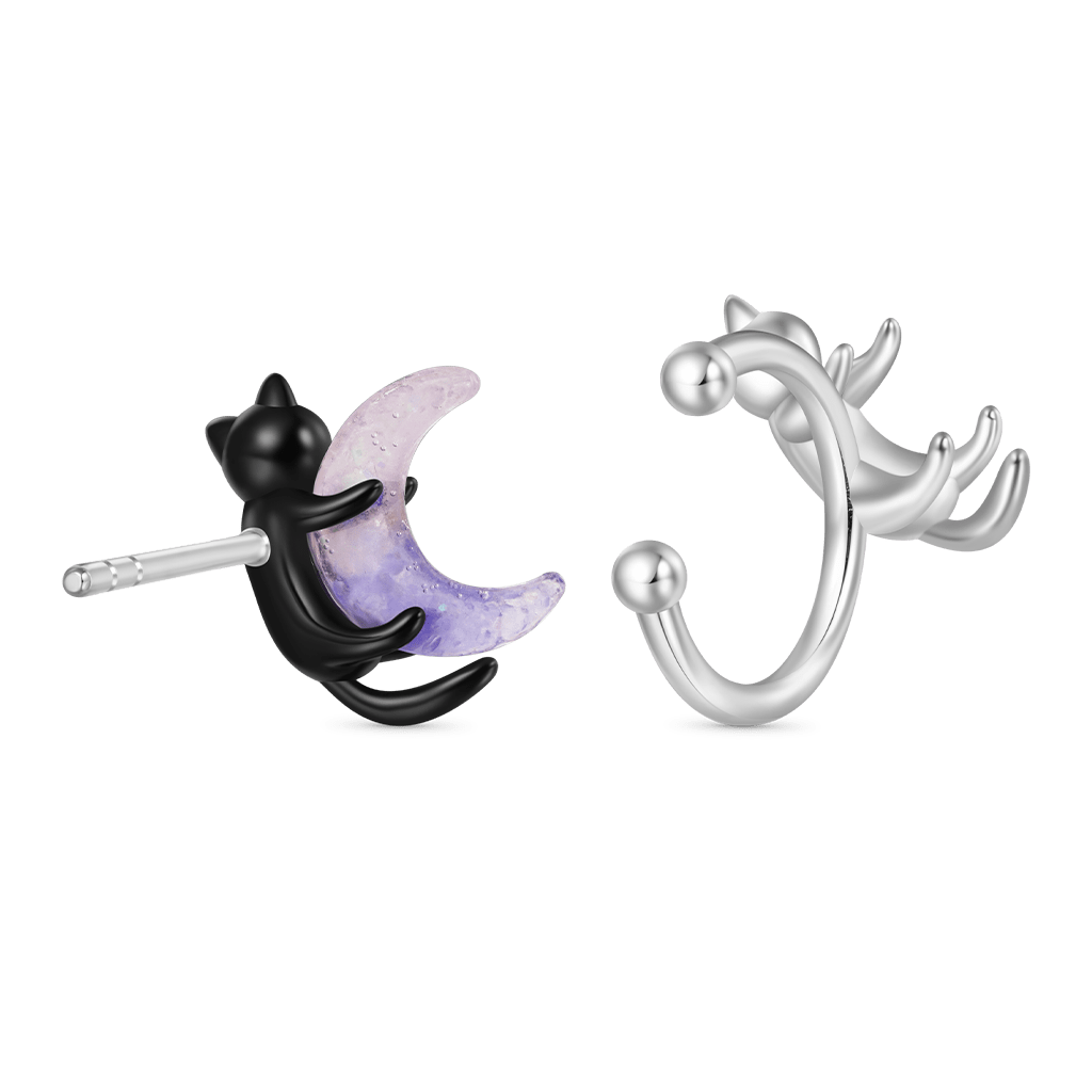 Gnoce Black Cat Embracing Moon & White Cat Asymmetrical Ear Clips_2