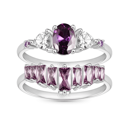 Gnoce Egg-cut Fuchsia Rectangle Stones Stacking Ring Set_1